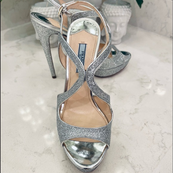 PRADA SILVER GLITTER STRAP PLATFORM SHOES - Picture 8 of 13